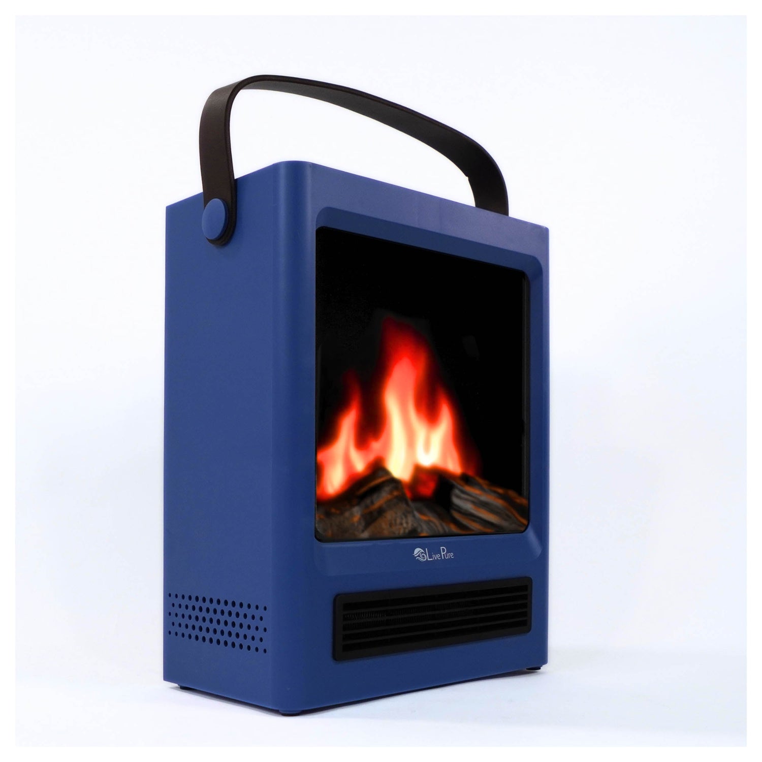 Blue portable fireplace with a fire simulation on a white background