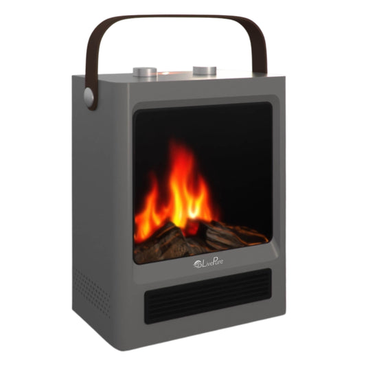 Portable electric fireplace with flames on a white background