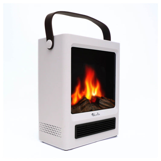 Portable electric fireplace with digital display on a white background