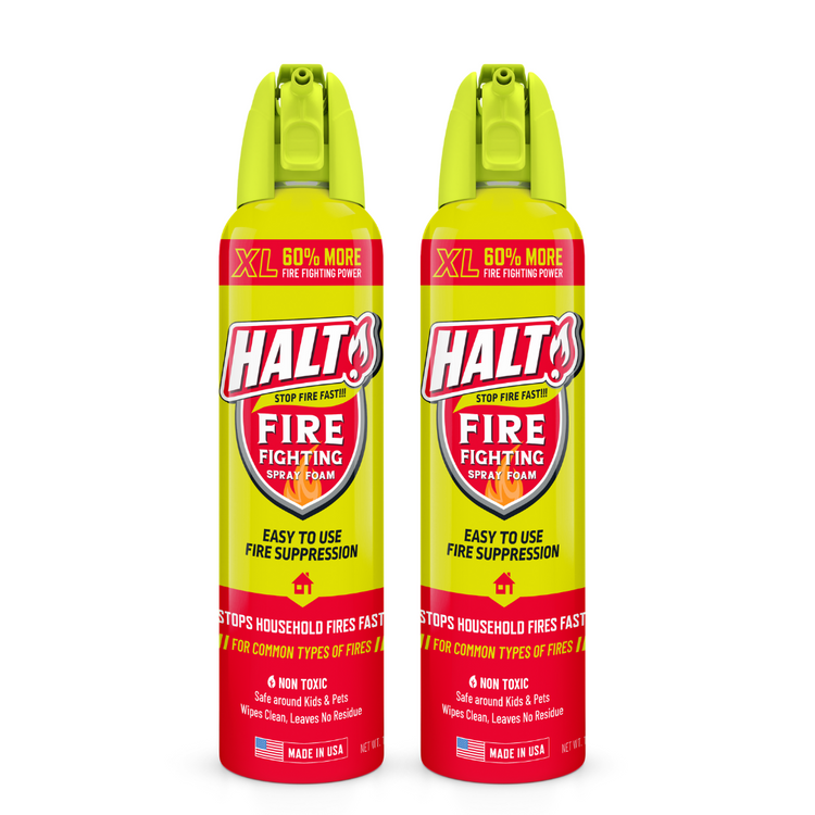 Two HALT fire fighting foam cans on a white background