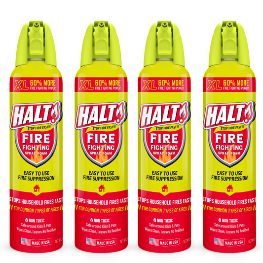 Collection of Halt fire safety products including fire blankets and fire extinguishers on a white background.