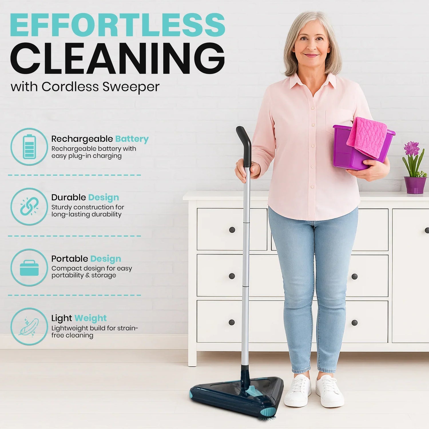 Woman holding a cordless sweeper with features listed on a white background