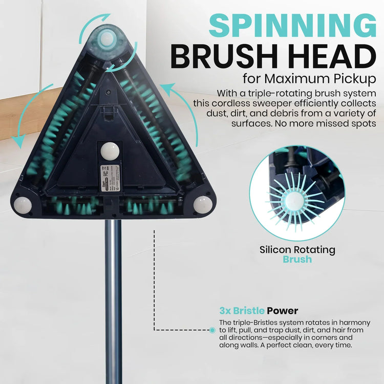 Spinning brush head for a cordless sweeper with text highlighting features on a light gray background.