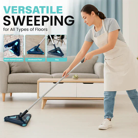 Woman cleaning a living room with a versatile sweeping tool, text 'Versatile Sweeping for All Types of Floors'.