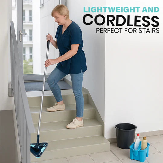 Woman cleaning stairs with a cordless broom, text 'Lightweight and Cordless, Perfect for Stairs' on a white background.