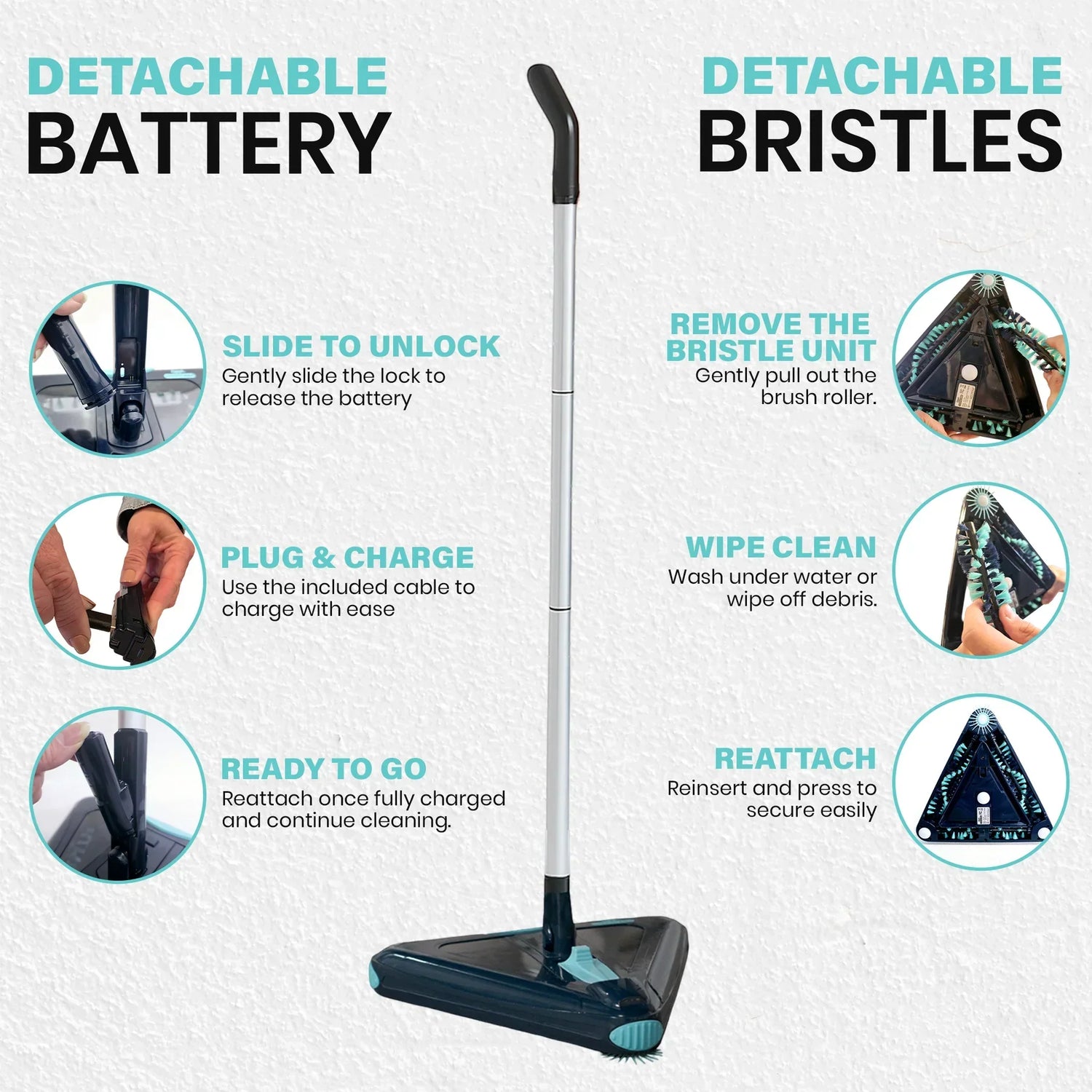 Cleaning tool with detachable battery and bristles, featuring instructions on how to use and maintain it.