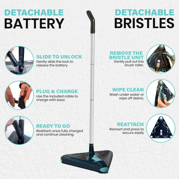 Cleaning tool with detachable battery and bristles, featuring instructions on how to use and maintain it.