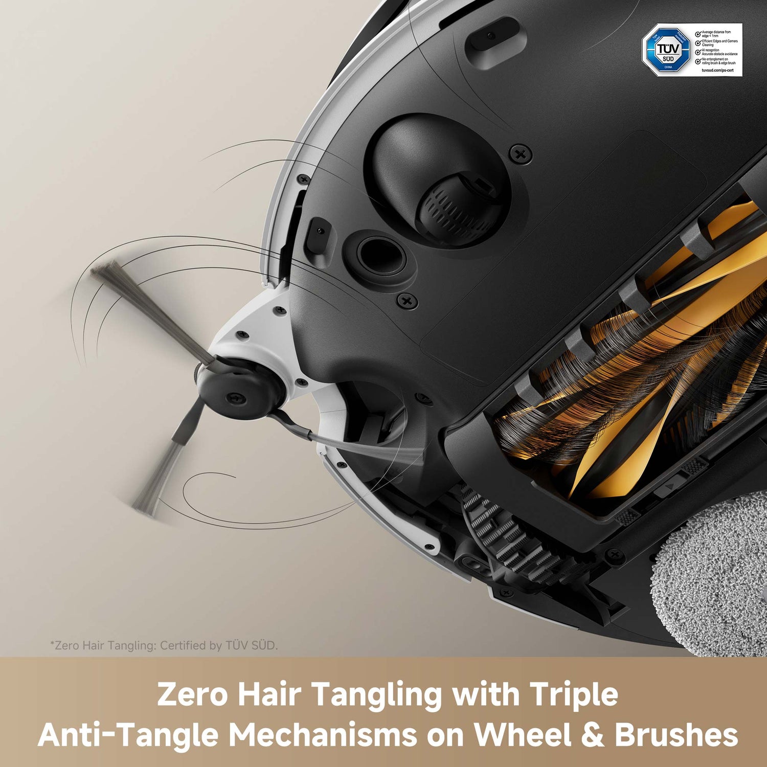 Robotic vacuum cleaner with text highlighting anti-tangling features on a neutral background
