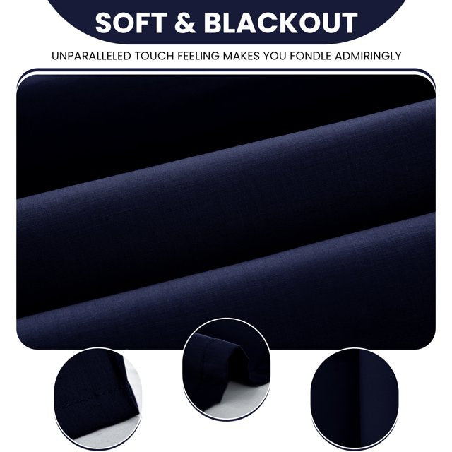 Dark blue fabric swatch with text highlighting softness and blackout qualities.
