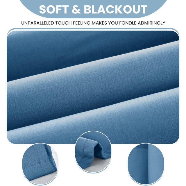 Blue fabric with text highlighting softness and blackout qualities