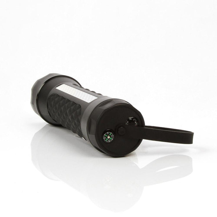 Black flashlight with a handle on a white background