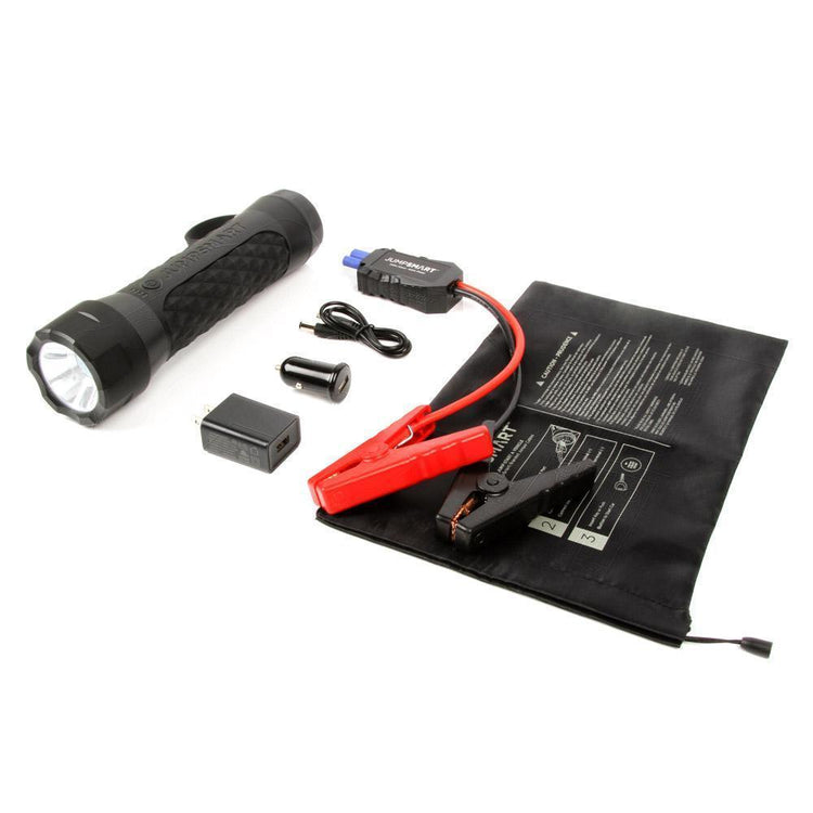 Collection of automotive tools including a flashlight, jump starter, and connectors on a white background.