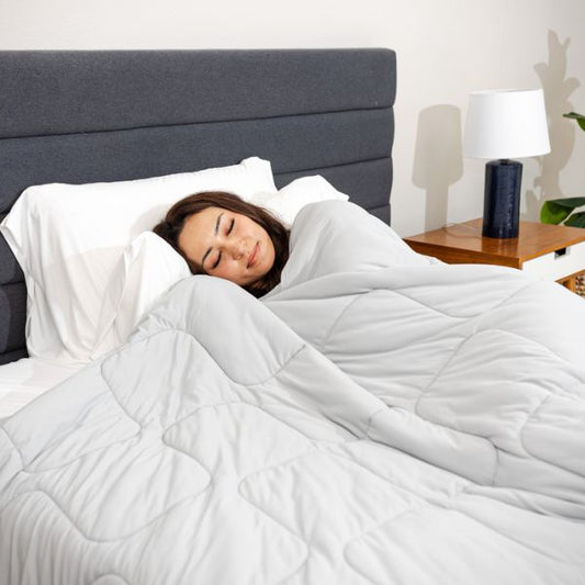 Folded gray weighted blanket with 'PLUFL' label on a white background