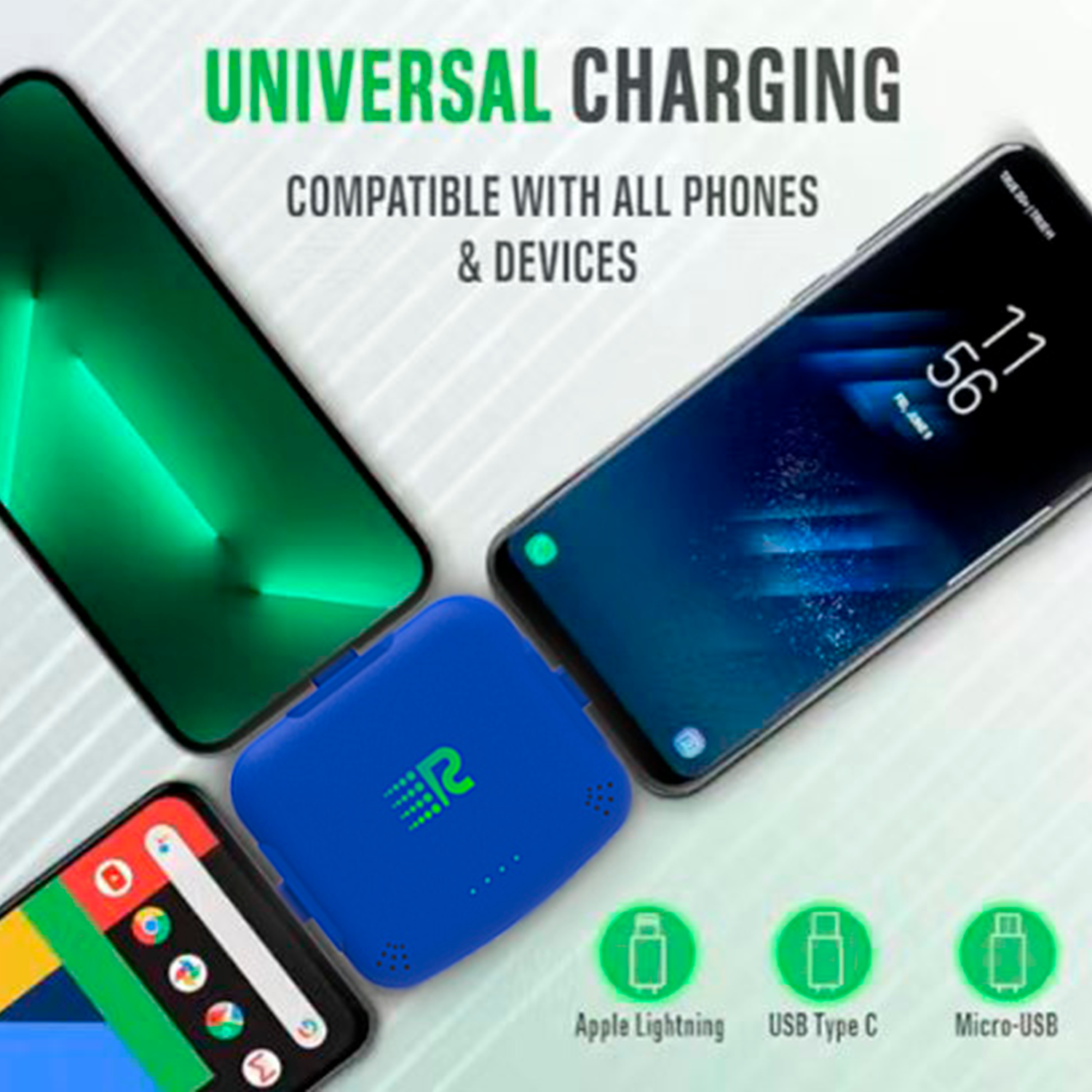 Blue charging device with smartphones displaying different screen activities on a white background