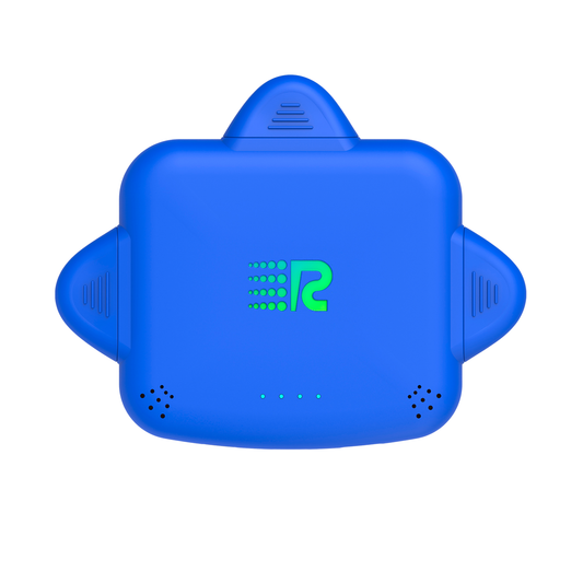 Blue device with a green logo on a white background