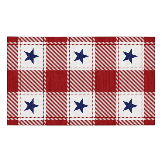 Wooden bench with American flag pillow and plaid rug on wooden floor