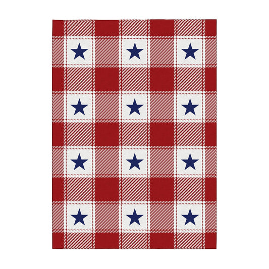 Wooden bench with American flag pillow and plaid rug on wooden floor