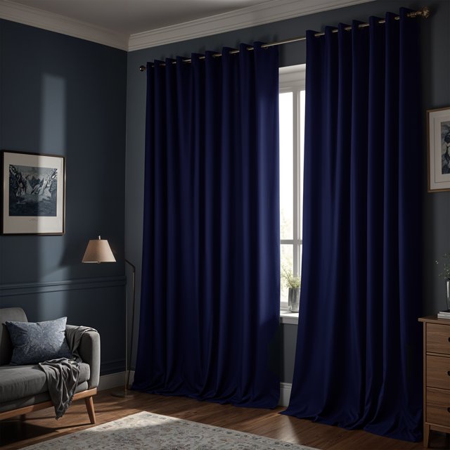 Navy blue curtains in a room with a gray wall, lamp, and sofa.