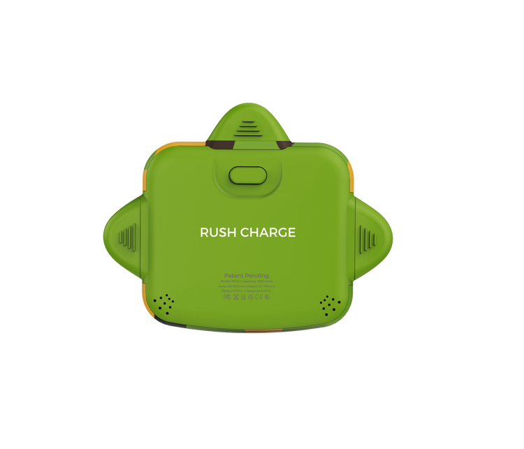 Green electronic device with 'Rush Charge' text on a white background