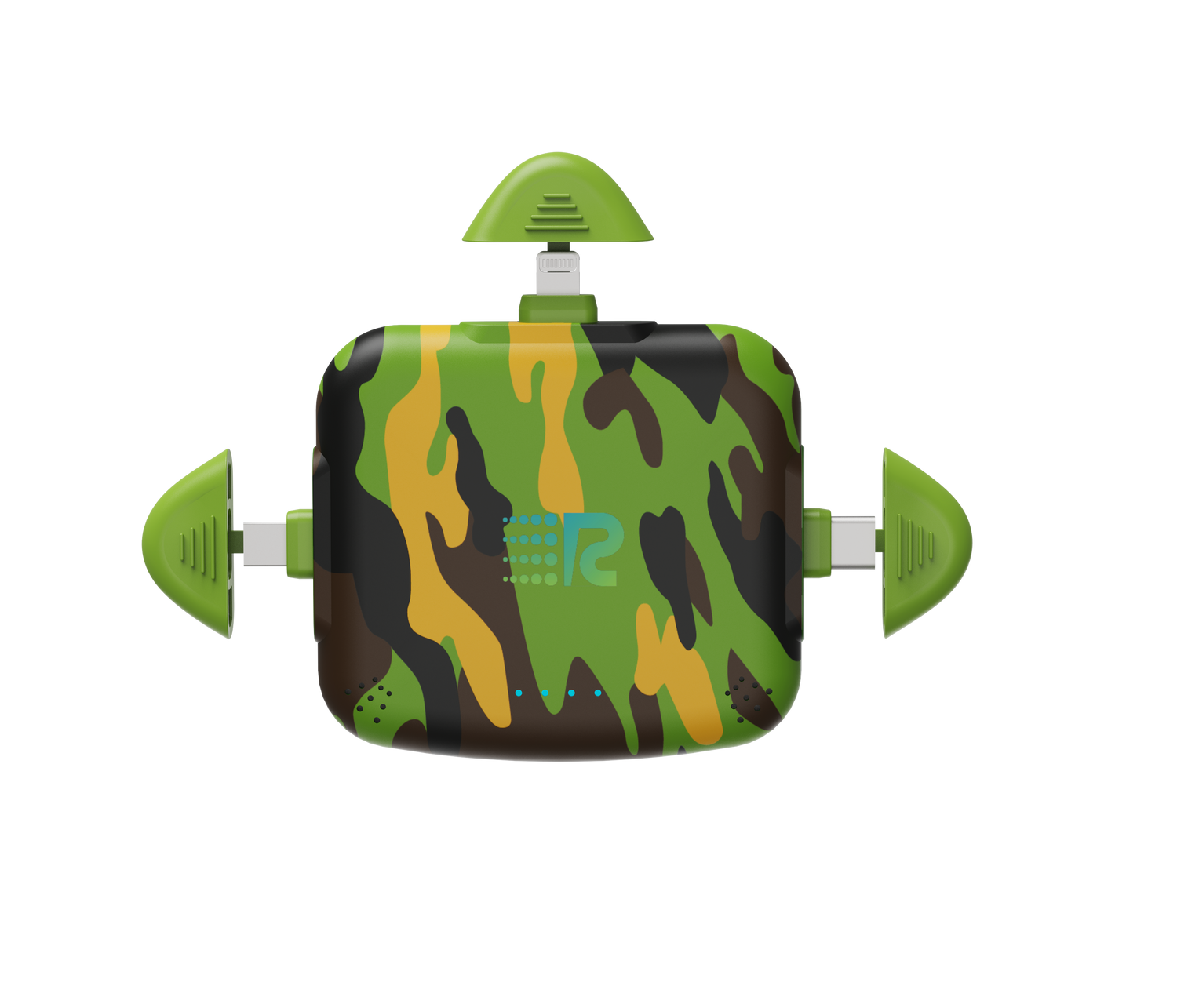 Camouflage-patterned electronic device with 'ER' branding on a white background