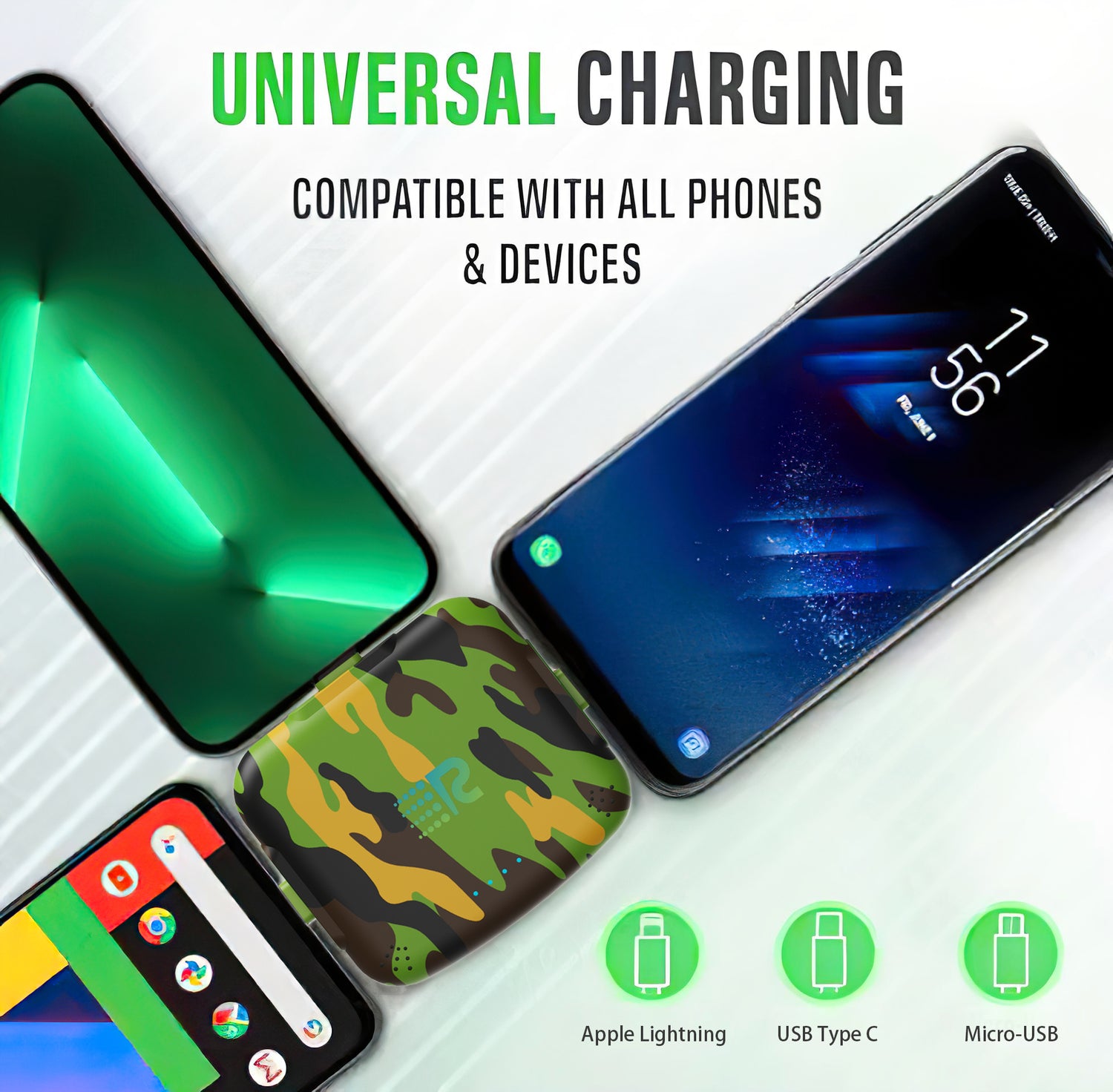 Universal charging adapter compatible with multiple devices on a white background