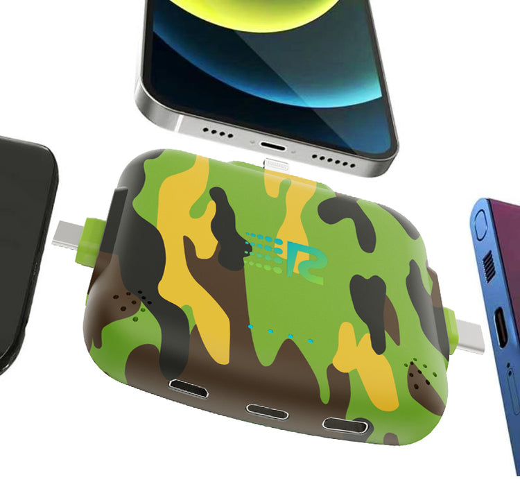 Camouflage-patterned power bank with smartphone and tablet on a white background