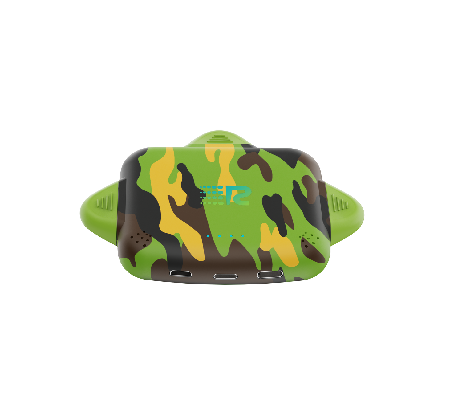 Camouflage-patterned device with a brand logo on a white background