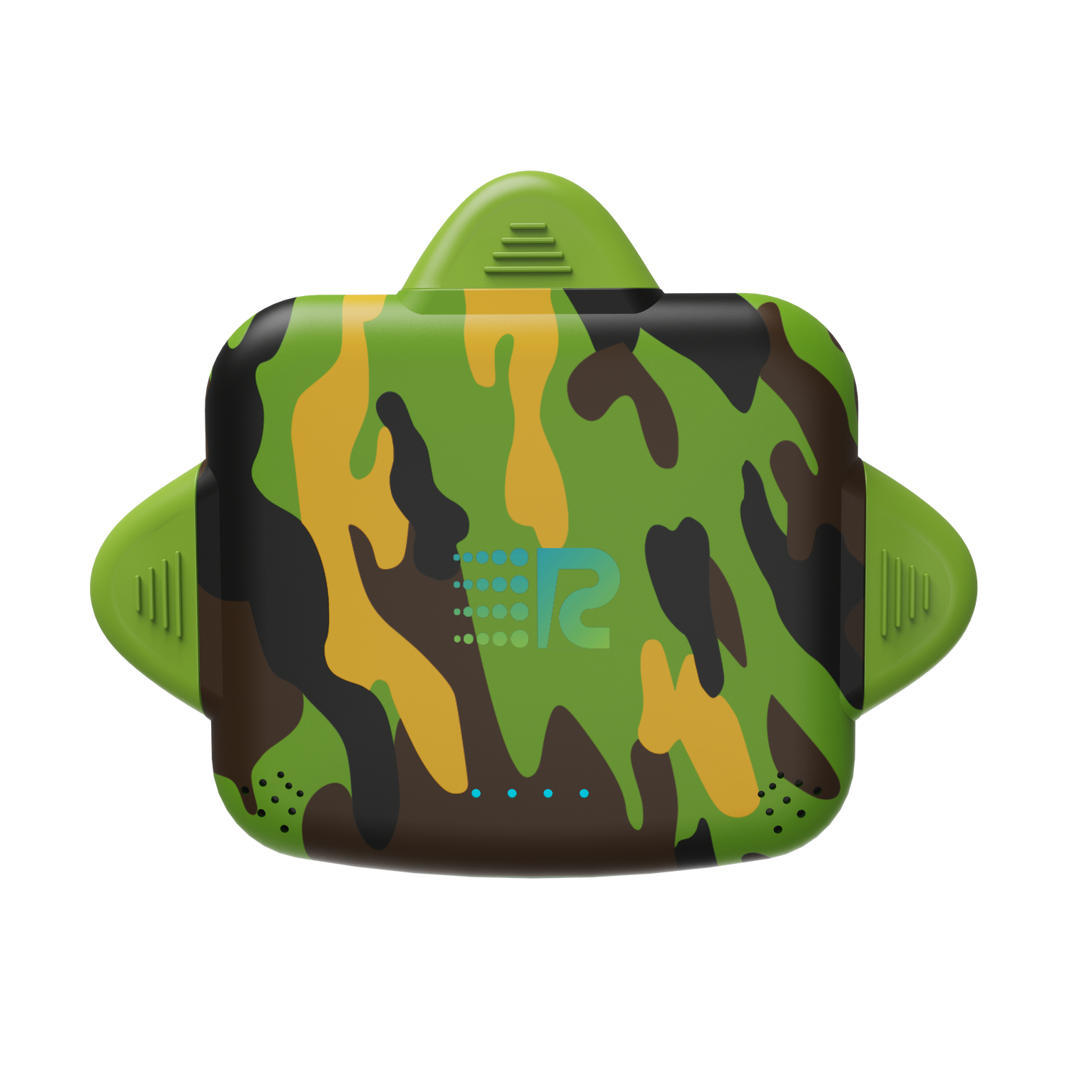 Camouflage-patterned device with a brand logo on a white background