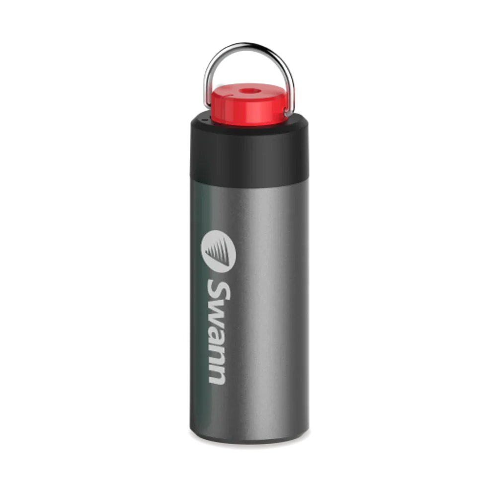 Gray water bottle with red cap and Swann logo on a white background