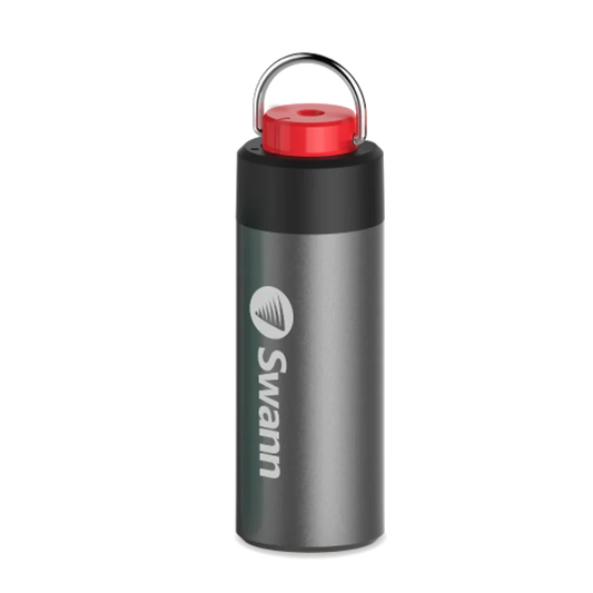 Gray water bottle with red cap and Swell logo on a white background
