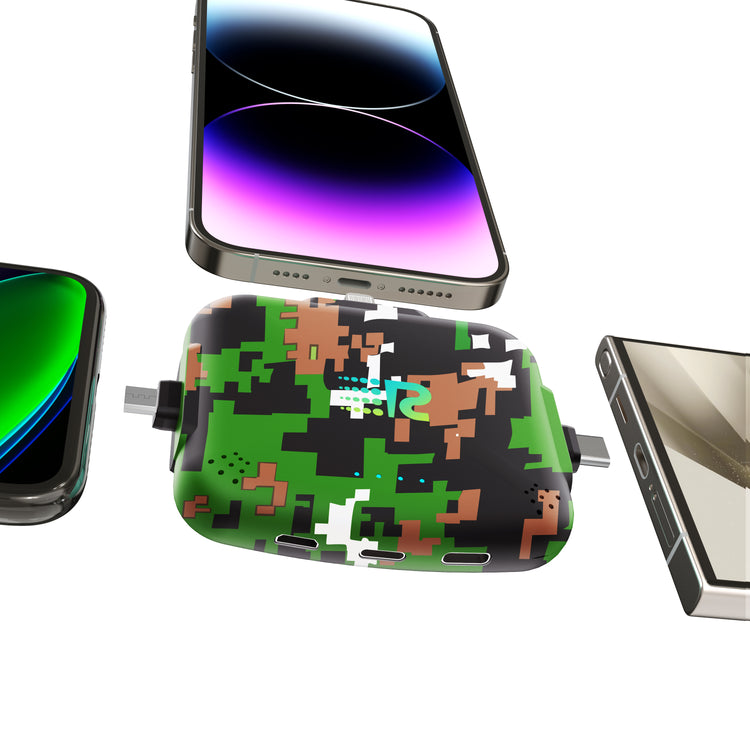 Green camouflage phone charger with smartphone on a white background