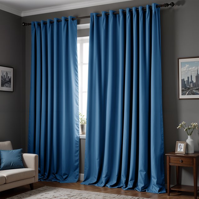 Blue curtains in a room with a gray wall, a sofa, and a small table with a vase.