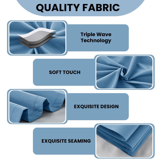 Quality fabric features with images and text on a white background