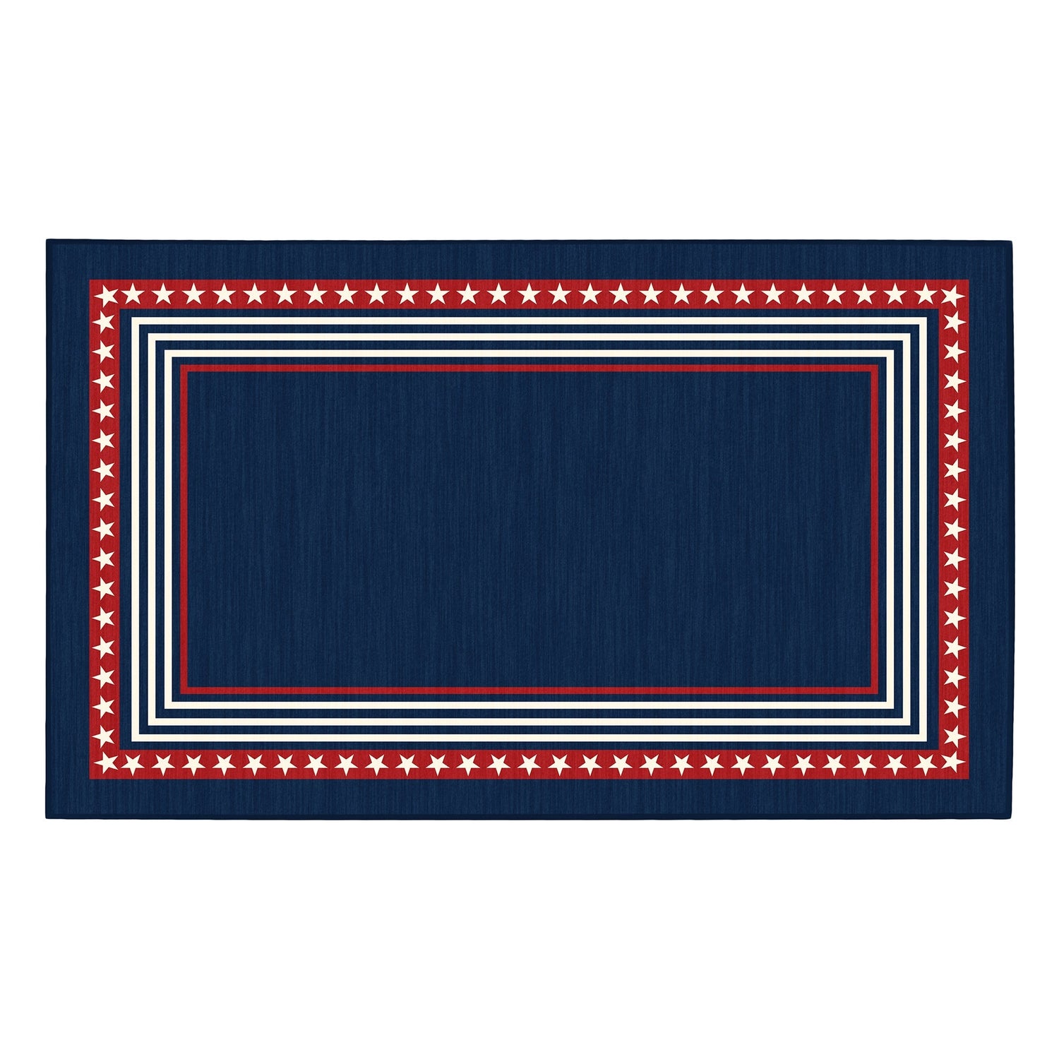 Navy blue rug with red and white border featuring stars on a white background