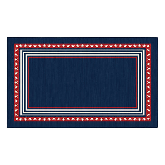 Navy blue rug with red and white border in front of a wooden bench and American flag.