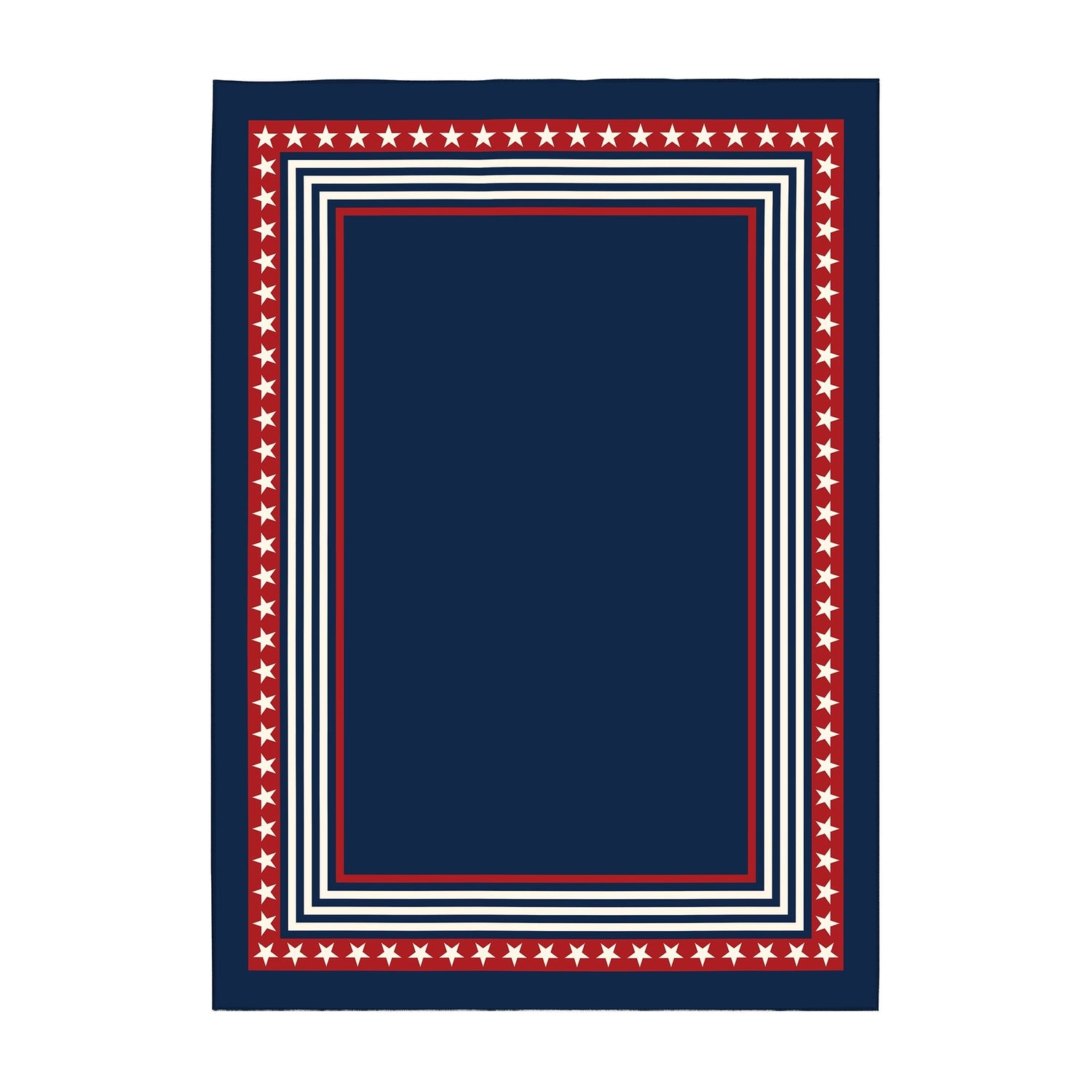 Navy blue rug with red and white border