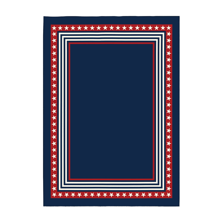 Navy blue rug with red and white border