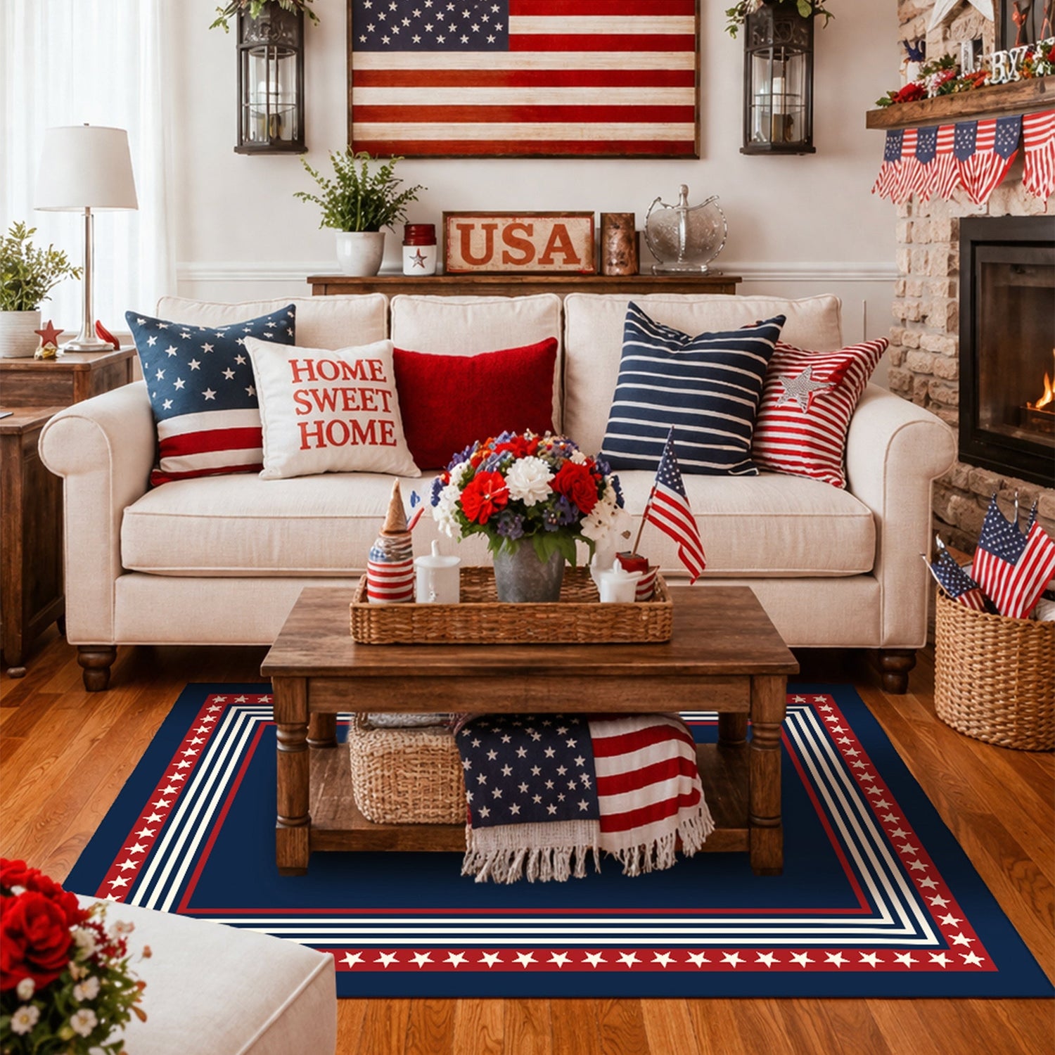 Living room decorated with American flag-themed decor, including pillows, flags, and a rug.