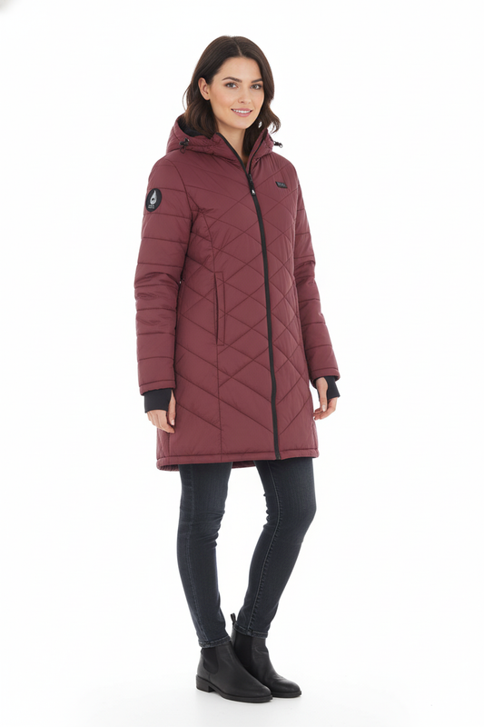 Maroon quilted jacket with a brand logo on a white background