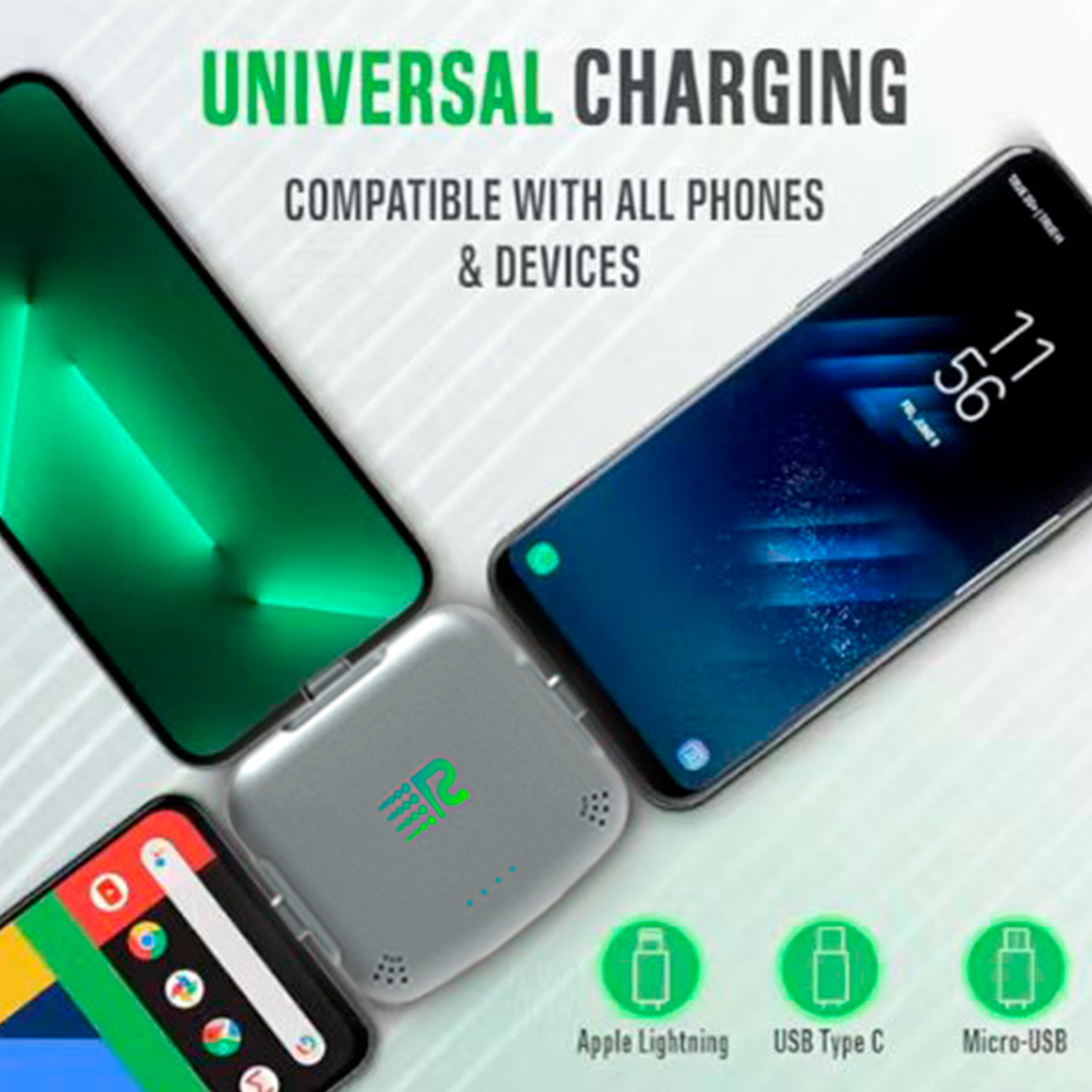 Universal charging device compatible with all phones and devices on a white background