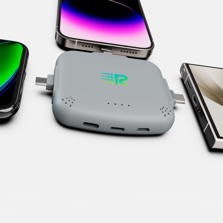 Gray charging hub with smartphone connectors on a white background