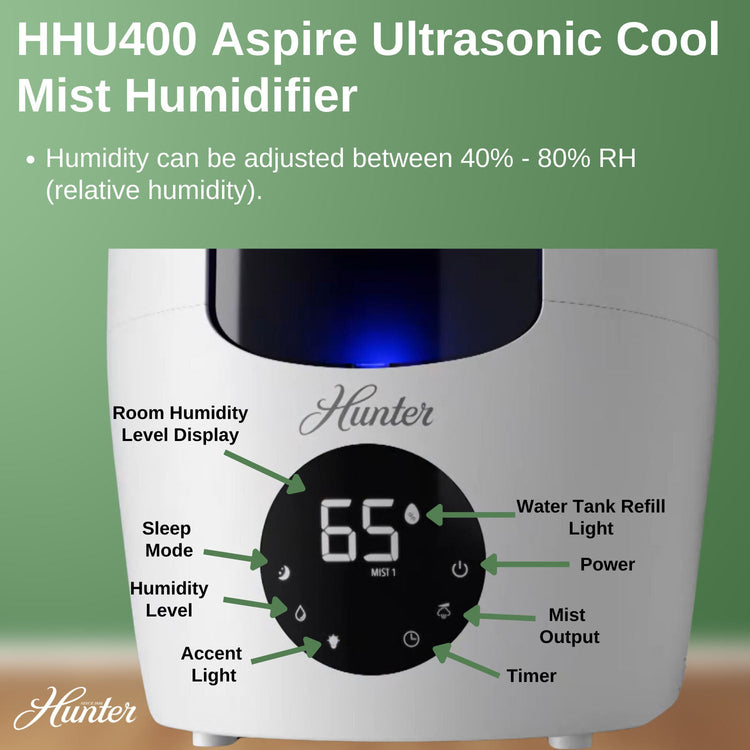 Hunter HHU400 Aspire Ultrasonic Cool Mist Humidifier with digital display on a green background