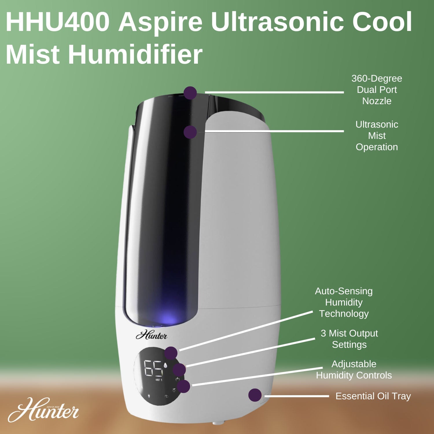 Hunter HHU400 Aspire Ultrasonic Cool Mist Humidifier with features highlighted on a green background