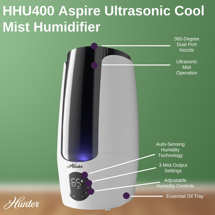 Hunter HHU400 Aspire Ultrasonic Cool Mist Humidifier with features highlighted on a green background