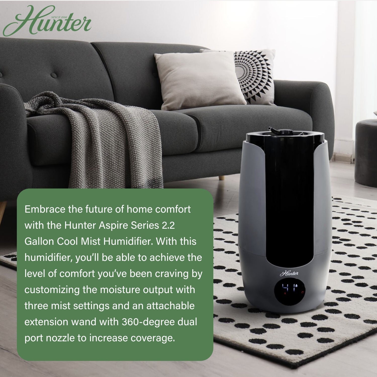 Hunter humidifier on a rug with a gray couch in the background