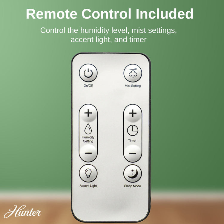 Remote control with various settings on a green background, featuring the Hunter brand.