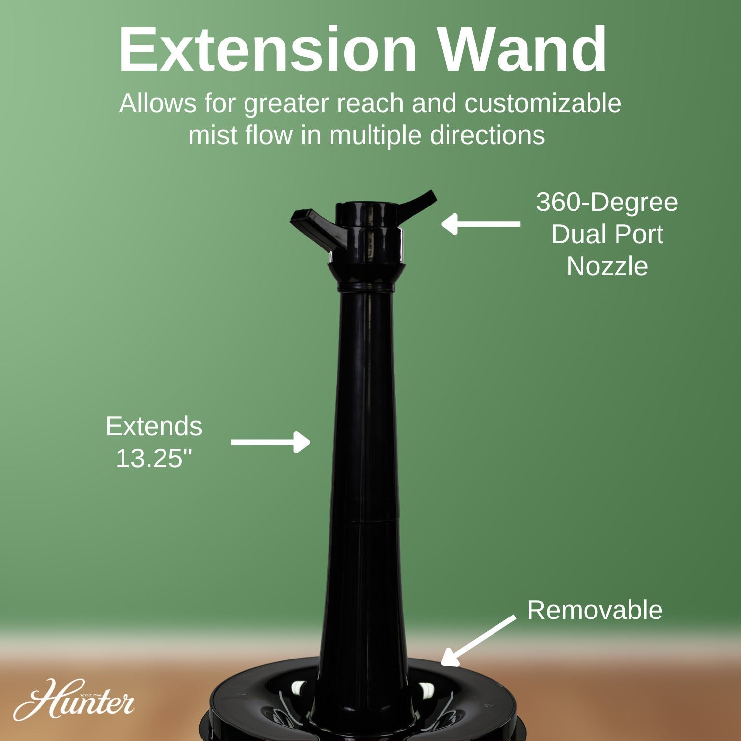 Black extension wand with features labeled on a green background