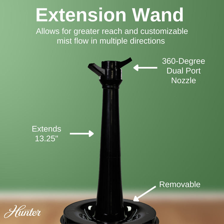 Black extension wand with features labeled on a green background