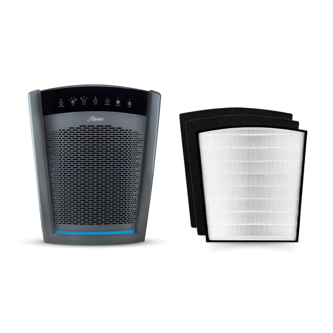 Air purifier with replacement filters on a white background