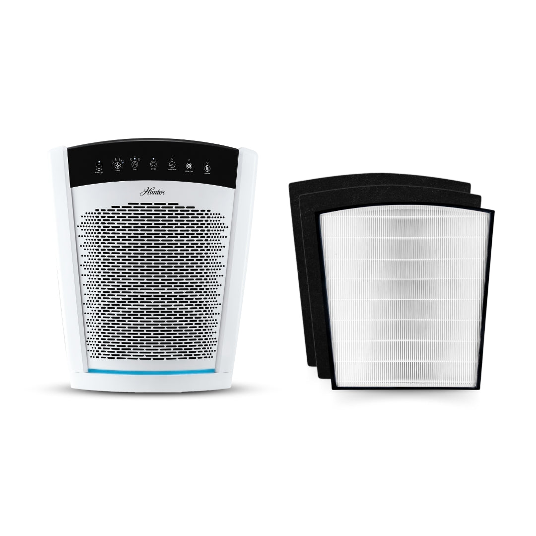 Air purifier with two replacement filters on a white background
